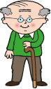 cartoon grandpa, green jumper and wooden cane